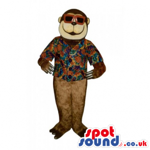 Brown Plush Monkey Mascot Wearing A Holiday Shirt And