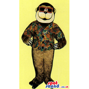 Brown Plush Monkey Mascot Wearing A Holiday Shirt And