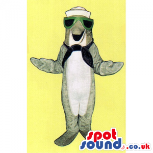 Grey Dolphin Ocean Mascot Wearing Sailor Hat And Sunglasses -