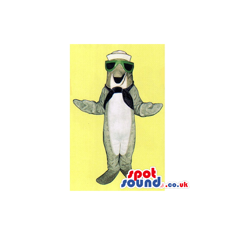Grey Dolphin Ocean Mascot Wearing Sailor Hat And Sunglasses -
