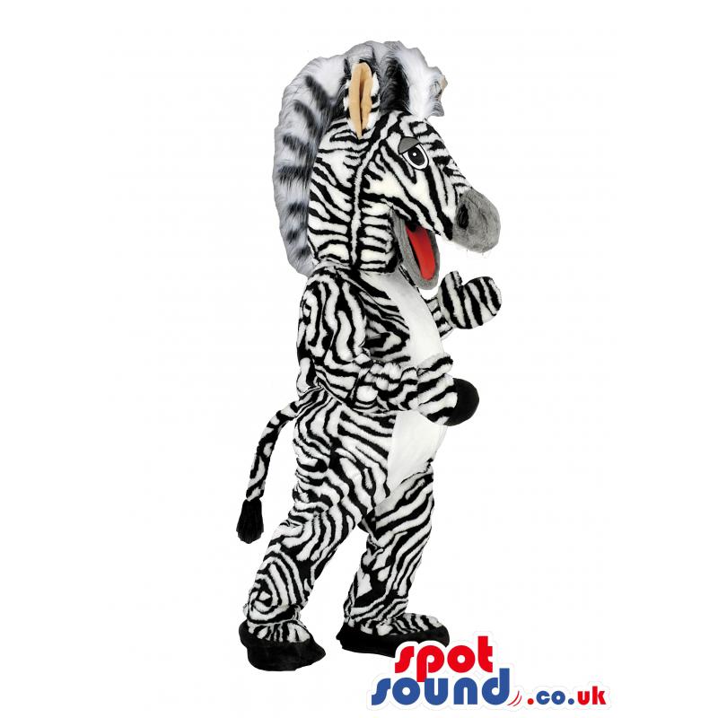 Zebra mascot in a stripes all over his body with a tail -