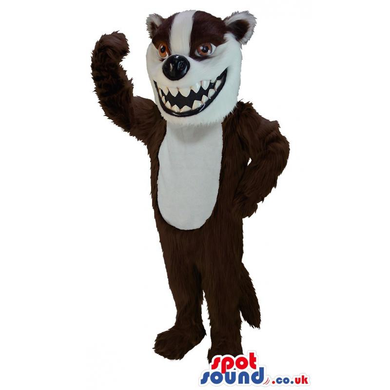 Cunning fox mascot in brown-white and waving his hand to us -