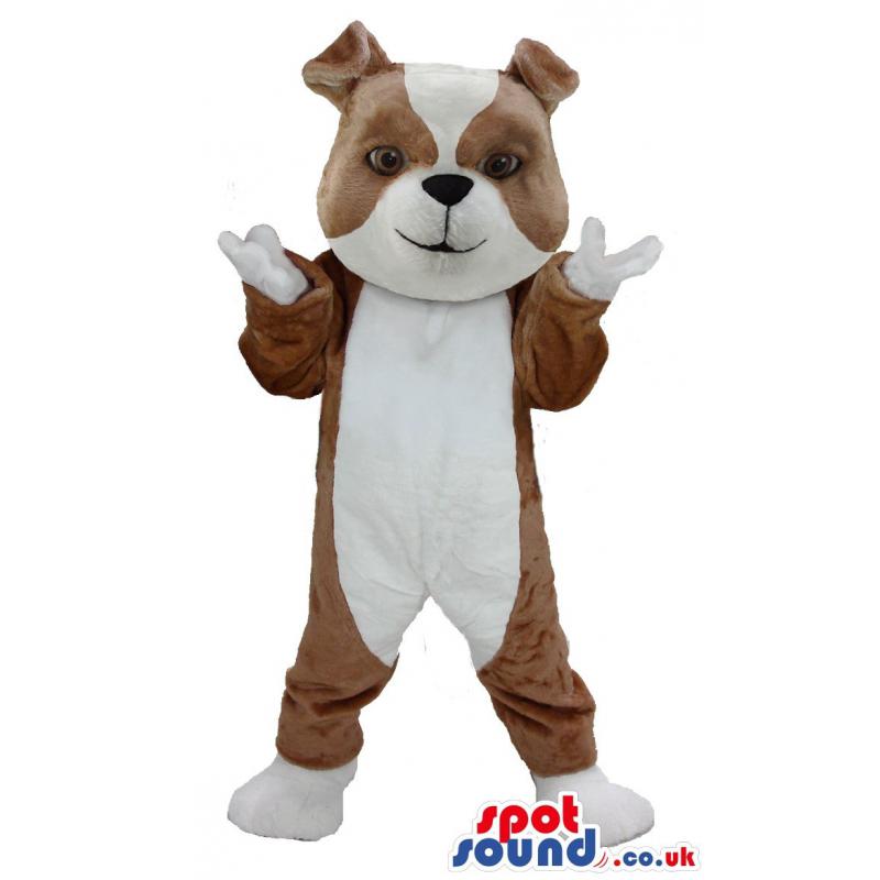 White brown dog mascot with both hands in air with cute smile -