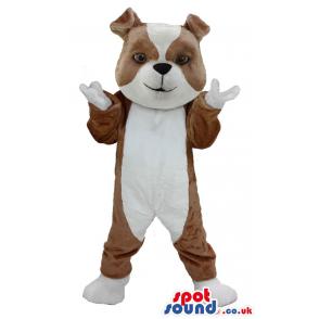 White brown dog mascot with both hands in air with cute smile -