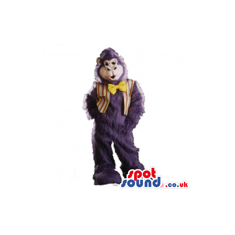 Hairy Purple Monkey Mascot Wearing A Vest And A Bow Tie -