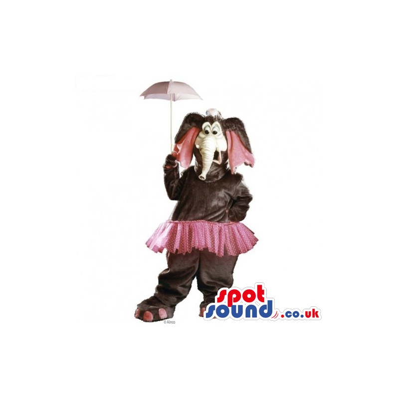 Brown Plush Elephant Mascot Wearing A Pink Skirt And Umbrella -