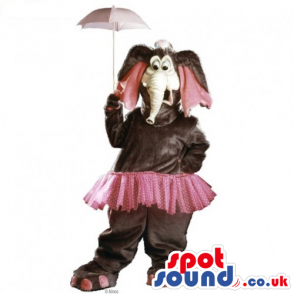 Brown Plush Elephant Mascot Wearing A Pink Skirt And Umbrella -