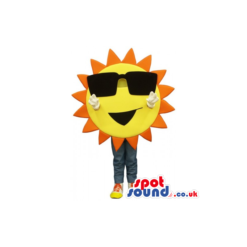 Customizable Big Bright Sun Mascot Wearing Sunglasses - Custom