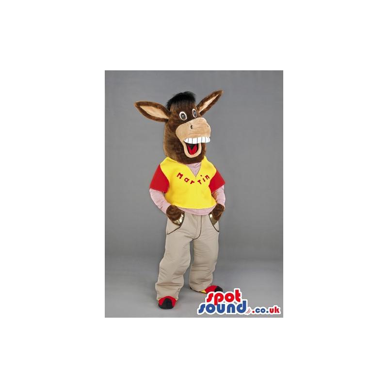 Donkey mascot in red-yellow t-shirt and in violet colour