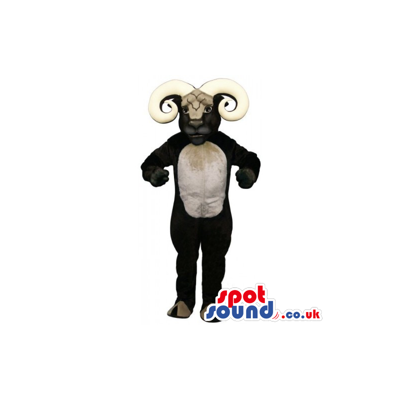 Black Goat Animal Mascot With Amazing Huge Horns And A Belly -