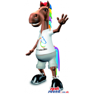 Brown Horse Mascot With Colorful Hair And Customized T-Shirt