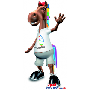 Brown Horse Mascot With Colorful Hair And Customized T-Shirt -