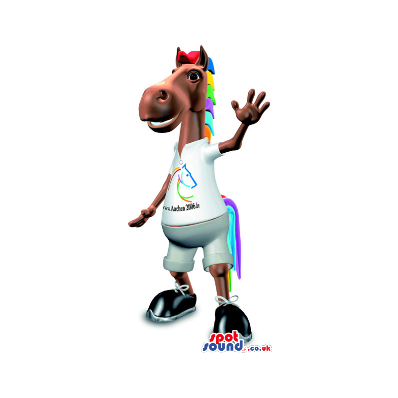 Brown Horse Mascot With Colorful Hair And Customized T-Shirt -
