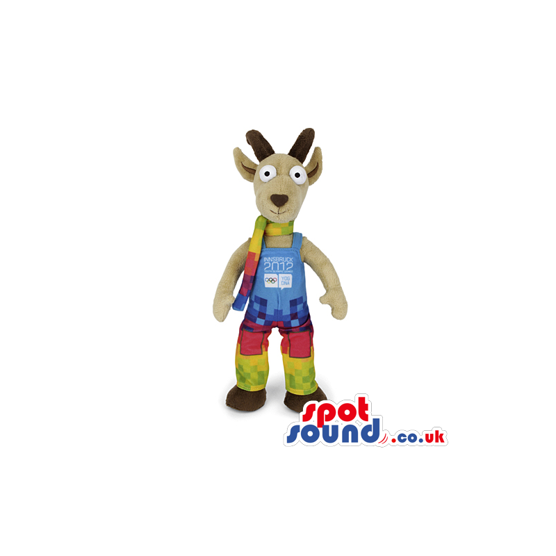 Customizable Plush Beige Goat Mascot With Colorful Clothes -