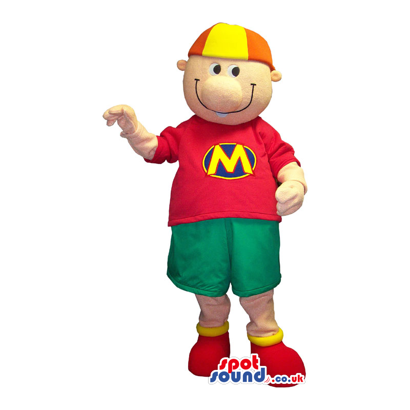 Customizable Boy Mascot Wearing A Cap And A Letter T-Shirt -