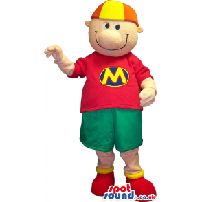 Customizable Boy Mascot Wearing A Cap And A Letter T-Shirt -