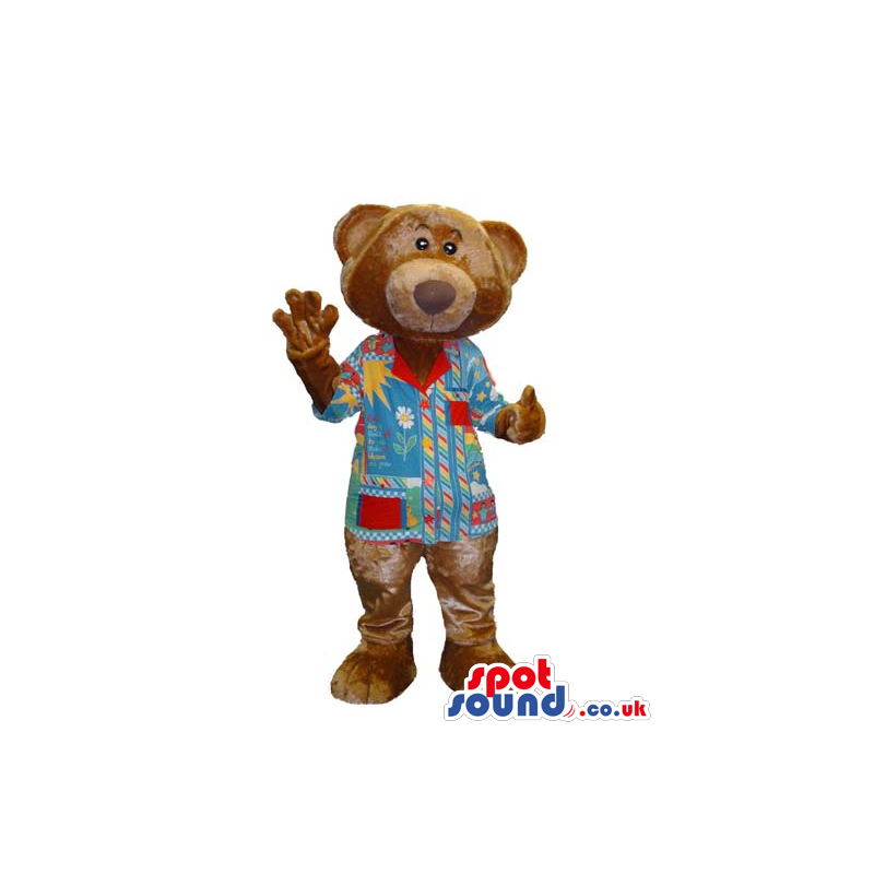 Customizable Brown Bear Mascot Wearing A Colorful Shirt -