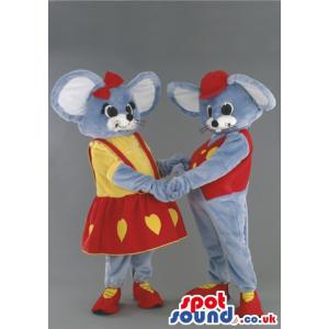 Mouse couple mascot in a romantic gesture in red frock & jumper