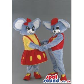 Mouse couple mascot in a romantic gesture in red frock & jumper