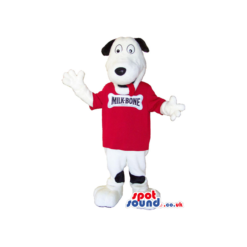 White And Black Plush Dog Animal Mascot Wearing A Red T-Shirt -