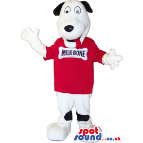 White And Black Plush Dog Animal Mascot Wearing A Red T-Shirt -