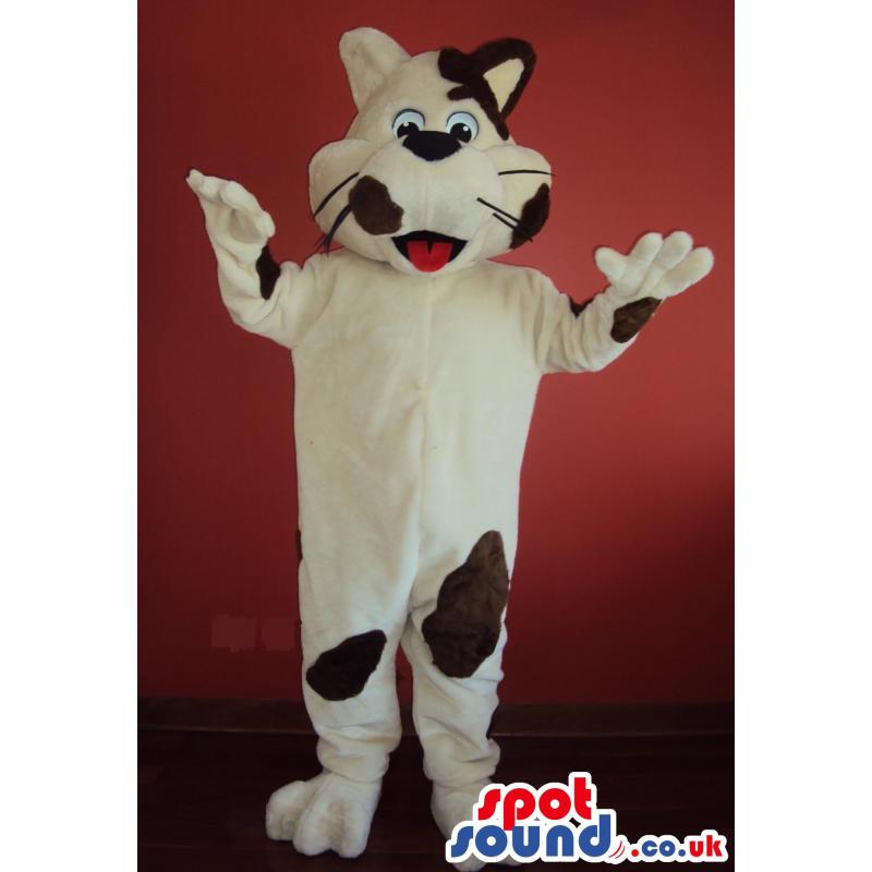 Amazed cat mascot in cream colour and in brown with hands in