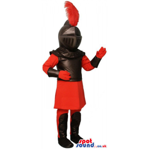 Black And Red Medieval Soldier Mascot With Helmet And Armor -