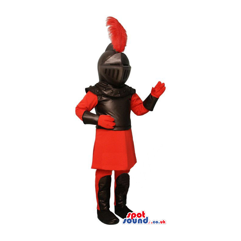 Black And Red Medieval Soldier Mascot With Helmet And Armor -