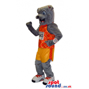 Customizable Grey Dog Mascot Wearing Basketball Sport Clothes -