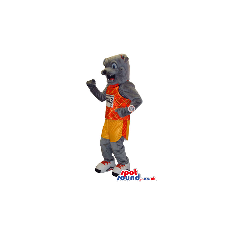 Customizable Grey Dog Mascot Wearing Basketball Sport Clothes -
