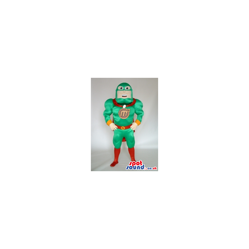 Customizable Superhero Mascot In Green And Red With Logo -