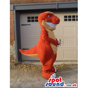 Customizable Orange And Yellow Dinosaur Mascot With Big Teeth -