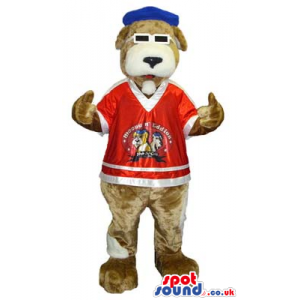 Brown Dog Mascot With Sunglasses, A Cap And A T-Shirt - Custom
