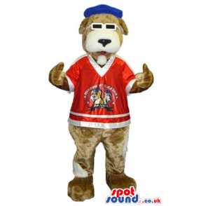 Brown Dog Mascot With Sunglasses, A Cap And A T-Shirt - Custom