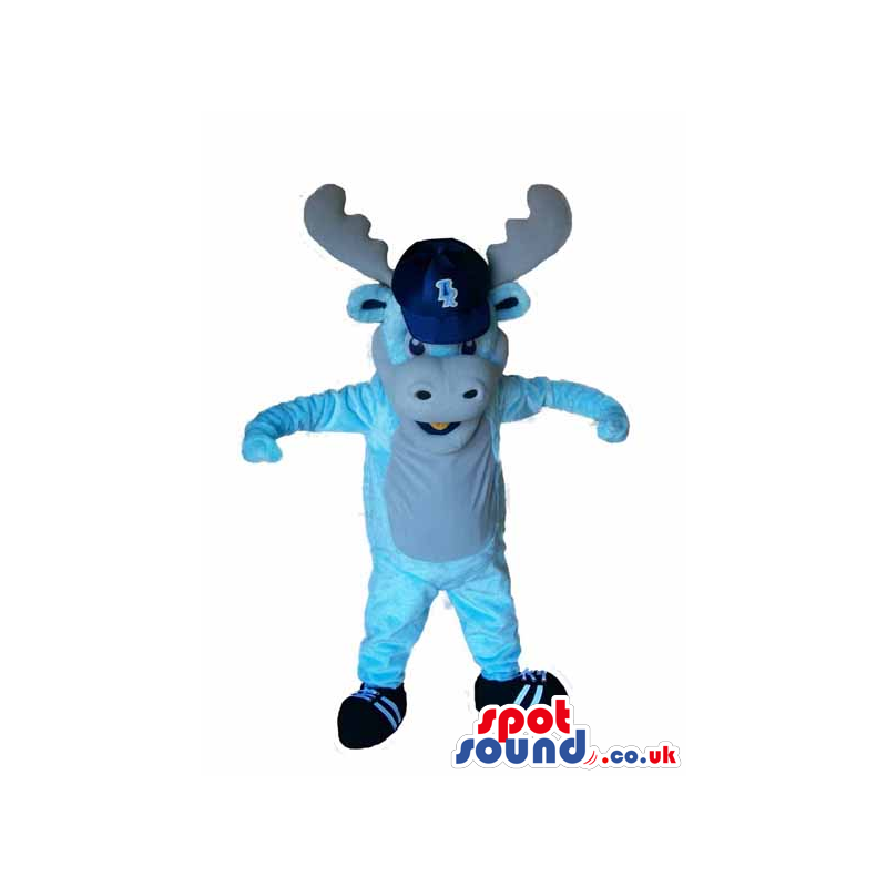 Blue Plush Reindeer Animal Mascot With A Cap With Logo - Custom