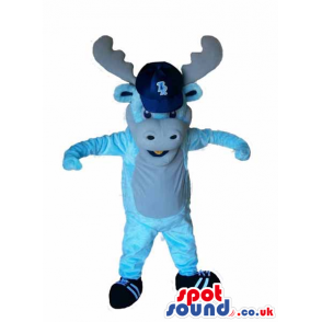 Blue Plush Reindeer Animal Mascot With A Cap With Logo - Custom