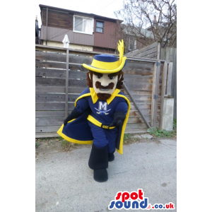 Musketeer Character Mascot In Blue And Yellow With Logo -