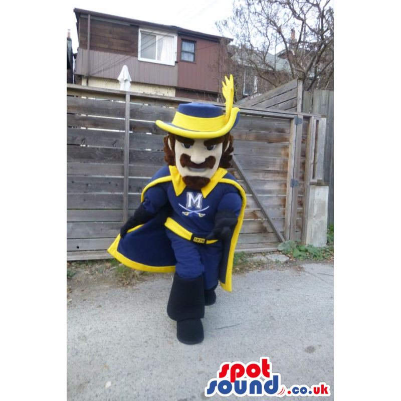 Musketeer Character Mascot In Blue And Yellow With Logo -