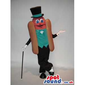 Elegant Hot-Dog Mascot Wearing A Vest And A Top Hat - Custom