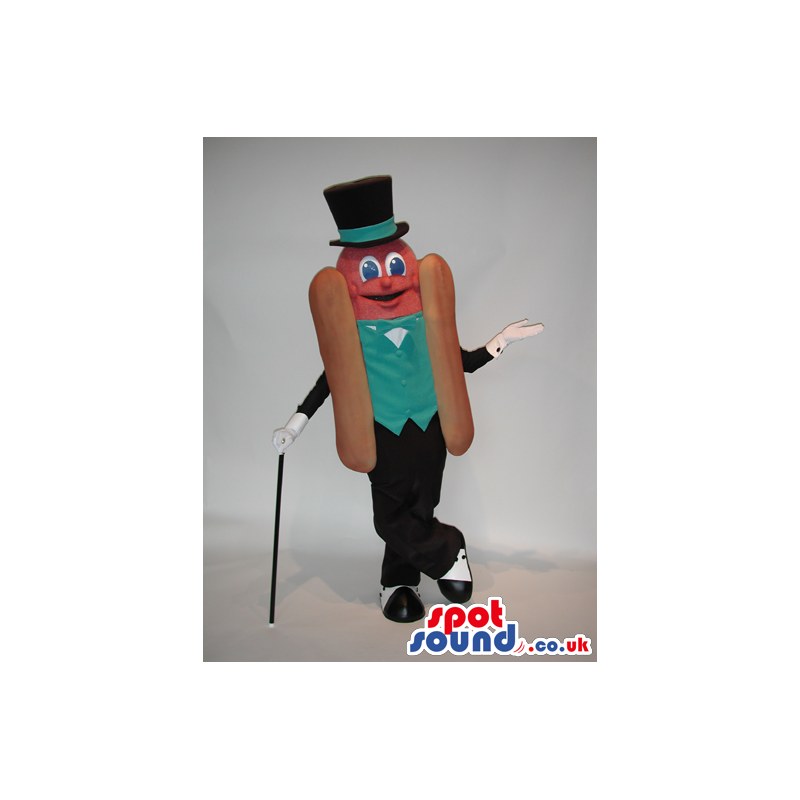 Elegant Hot-Dog Mascot Wearing A Vest And A Top Hat - Custom