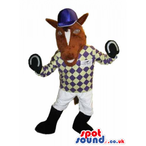 Customizable Brown Horse Mascot Wearing Horse Rider Garments -
