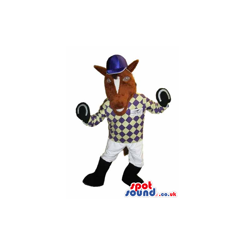 Customizable Brown Horse Mascot Wearing Horse Rider Garments -