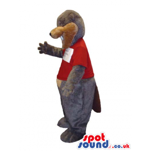 Grey And Brown Otter Animal Mascot Wearing A Red T-Shirt -