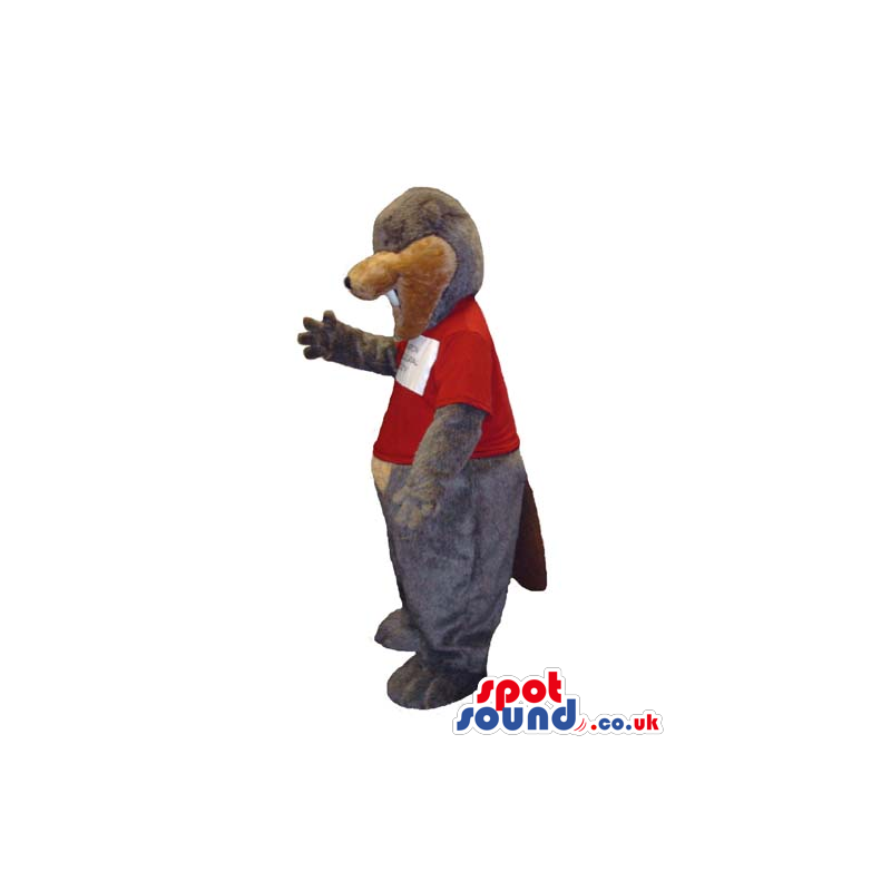 Grey And Brown Otter Animal Mascot Wearing A Red T-Shirt -