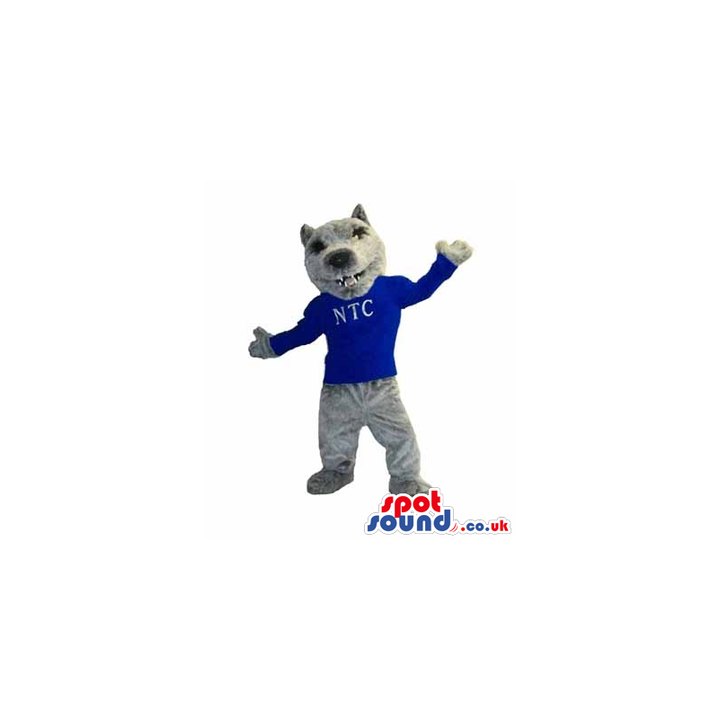 Grey Wolf Mascot Wearing A Blue T-Shirt With Letters - Custom