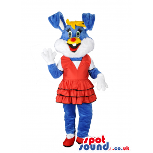 Customizable Blue And White Rabbit Mascot Wearing A Red Dress -
