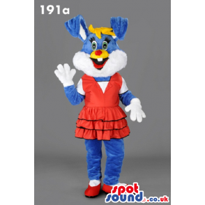 Customizable Blue And White Rabbit Mascot Wearing A Red Dress -