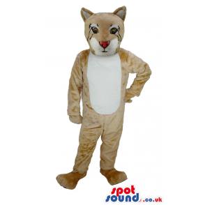 Scary tiger mascot in light brown colour and in a scary look -