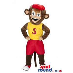 Happy Brown Monkey Plush Mascot Wearing A Red Cap And T-Shirt -