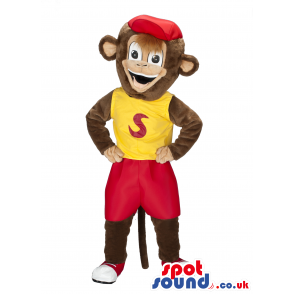 Happy Brown Monkey Plush Mascot Wearing A Red Cap And T-Shirt -